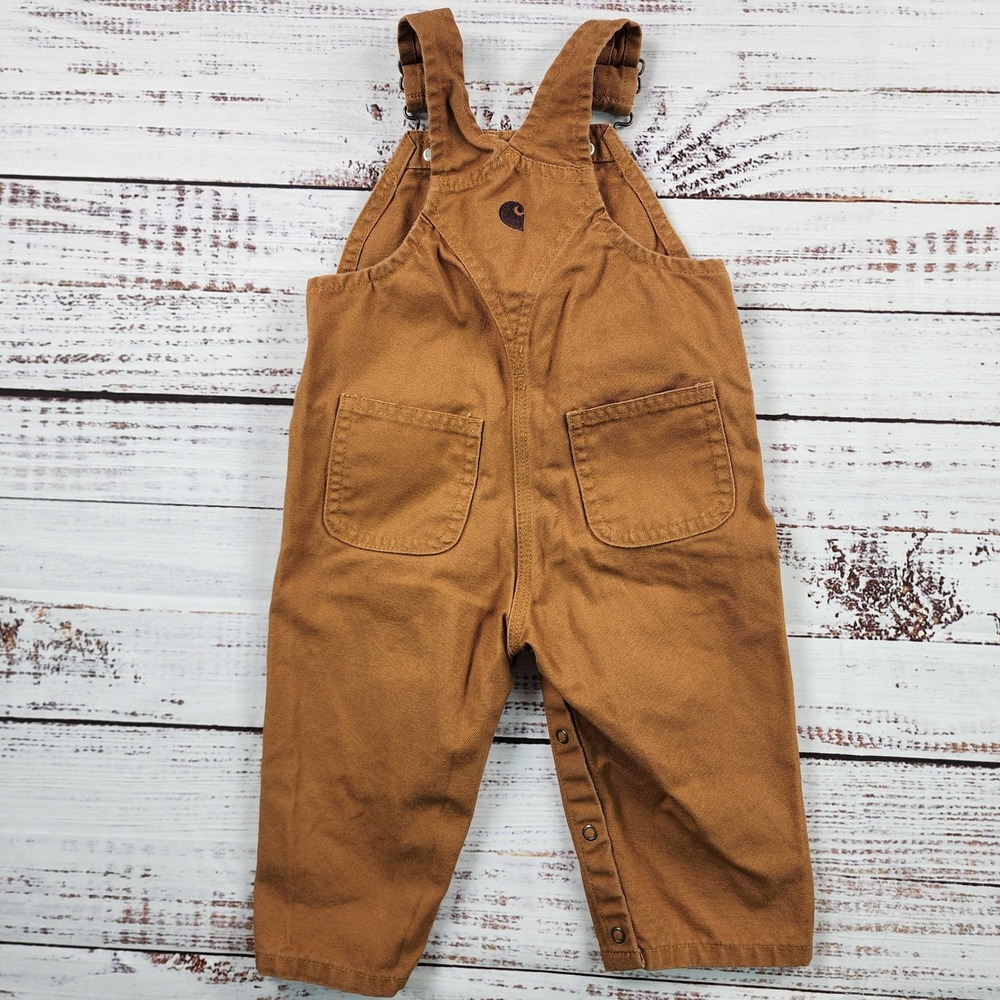 Carhartt Double Knee Canvas Bib Overalls Infant 12M Brown Duck Snap Leg - Picture 2 of 5